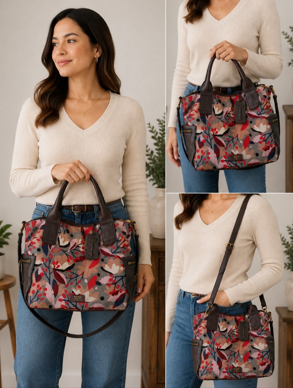 Fossil Floral Canvas Tapestry Satchel with Dark Brown Leather Trim
